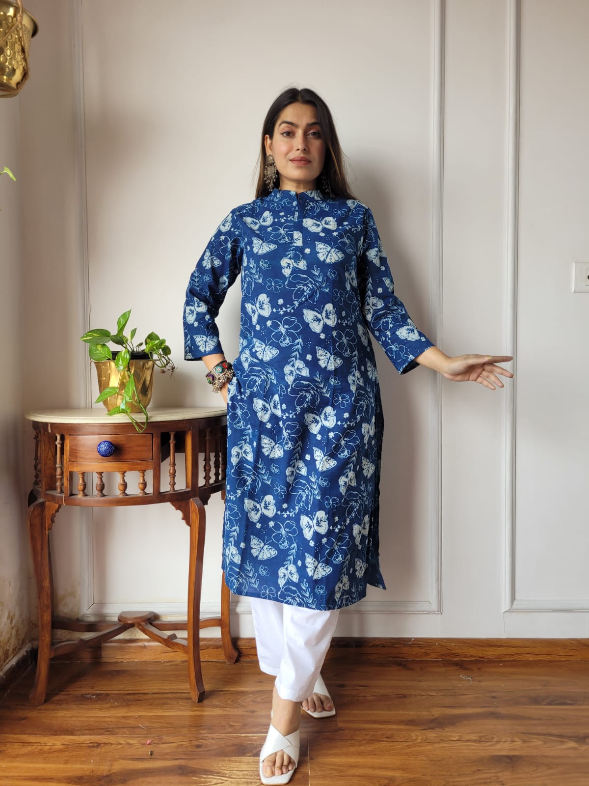 Aavriti Prussian Blue Butterfly Mandarin Collar Hand Block Printed Kurta Pant Set